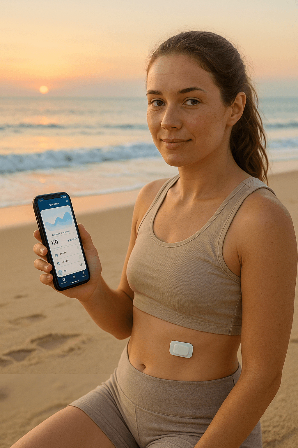 Woman standing on a beach wearing the Suna sensor and viewing the app
